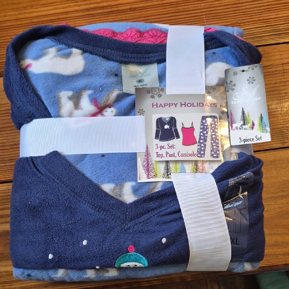 Soft Sensations Womens 3pc Set Blue Polar Bear Fleece Pajama Set XL